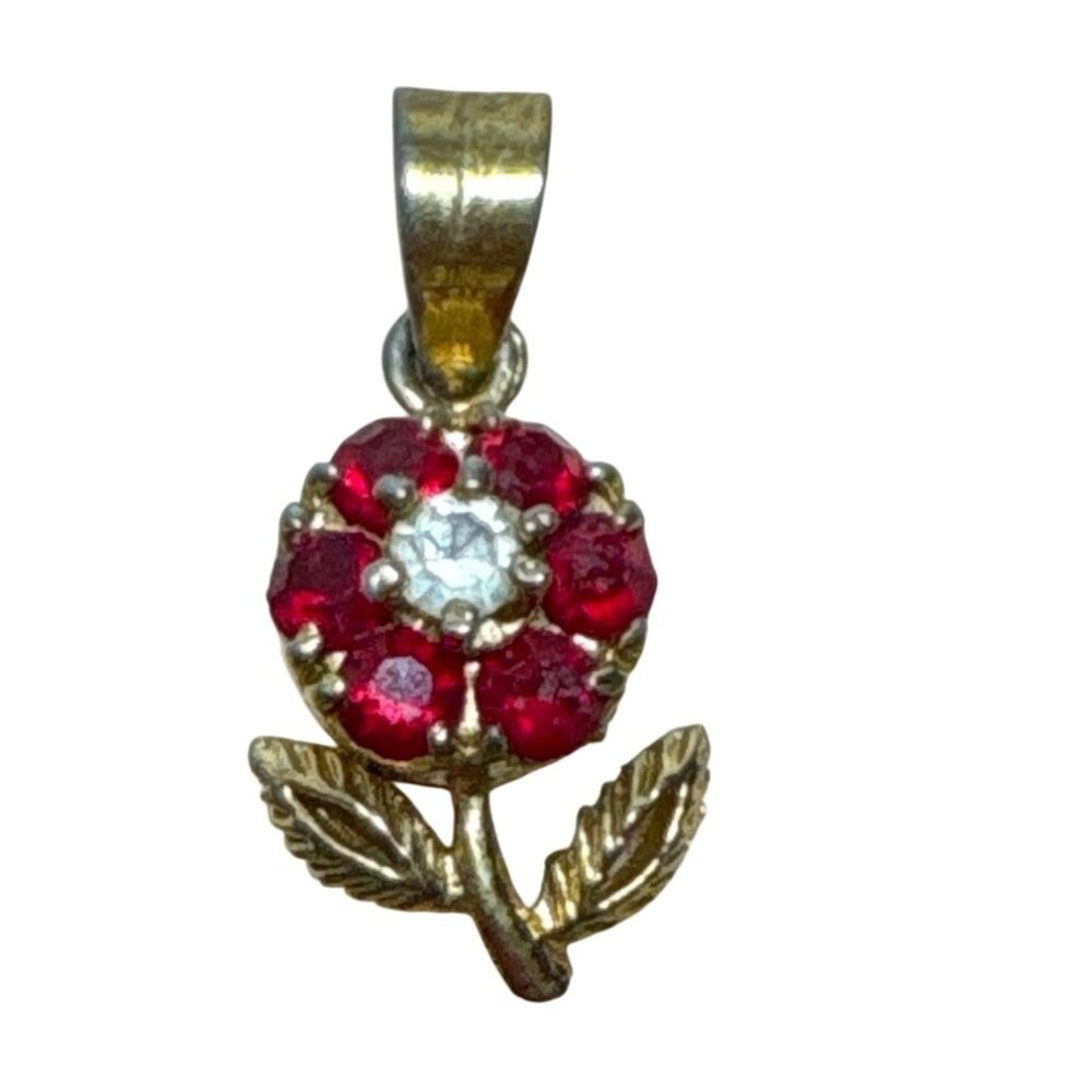 Flower Pendant Gold Tone Ruby & Clear Rhinestones Vintage .5"
